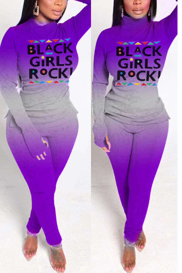 Purple Casual Print Turtleneck Long Sleeve Two Pieces
