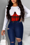 Red Fashion Casual Patchwork Print Split Joint O Neck Plus Size Tops