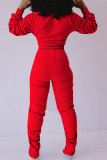 Red Polyester Fashion Sexy adult Ma'am Patchwork Solid Two Piece Suits Straight Long Sleeve Two Pieces