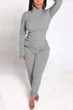Yellow Casual Solid Split Joint Slit O Neck Long Sleeve Two Pieces