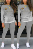 Blue Fashion Casual Gradual Change Letter Print Basic O Neck Long Sleeve Two Pieces