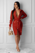 Red Polyester Sexy Fashion adult Cap Sleeve Long Sleeves Notched Straight Knee-Length Solid Patchwork ba