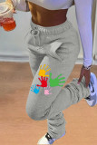 Light Gray Casual Sportswear Cute Print Regular Mid Waist Pencil Bottoms