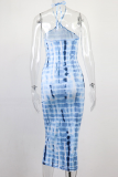Blue Sexy Print Patchwork Halter Pencil Skirt Dresses