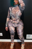 Multicolor Fashion Sexy Print See-through O Neck Long Sleeve Two Pieces