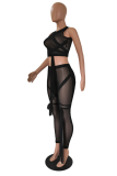 Black Sexy Solid Bandage Mesh V Neck Sleeveless Two Pieces