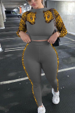 Grey Sexy Leopard Split Joint O Neck Long Sleeve Two Pieces