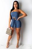 Blue Sexy Fashion zipper Hollow bandage Solid Polyester Sleeveless Wrapped Rompers