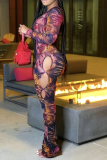 Multicolor Sexy Patchwork Hollowed Out V Neck Skinny Jumpsuits