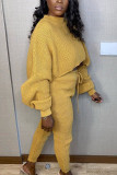 Yellow Casual Polyester Solid O Neck Long Sleeve Regular Sleeve Short Two Pieces