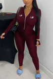 Wine Red Fashion Sportswear Adult Letter Embroidered Letter O Neck Skinny Jumpsuits