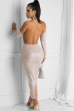 White Sexy Off The Shoulder Long Sleeves One word collar Step Skirt Ankle-Length hollow out Soli