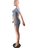 Grey Sexy Solid Patchwork Draw String V Neck Short Sleeve Two Pieces