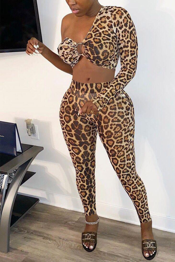 Black Sexy Leopard Split Joint One Shoulder Long Sleeve Two Pieces