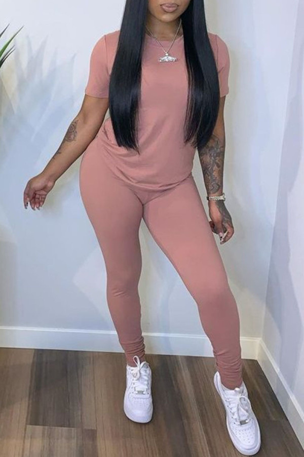 Pink Casual Solid Patchwork O Neck Short Sleeve Two Pieces