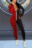Red Blue Casual Solid Patchwork Hooded Collar Skinny Jumpsuits