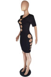 Black Fashion Sexy Solid Hollowed Out O Neck Short Sleeve Dress