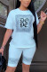 Sky Blue Fashion Casual Short Sleeve O Neck Regular Sleeve Regular Print Two Pieces