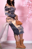 Brownness Sexy Casual Print Patchwork Tie-dye V Neck Pencil Skirt Dresses