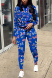 Royal blue Casual Daily Cotton Blends Acetate Fiber Print Butterfly Print Draw String Hooded Collar Long Sleeve Regular Sleeve Two Pieces