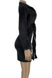 Black Fashion adult Sexy Cap Sleeve Long Sleeves Turndown Collar Step Skirt Mini Patchwork banda