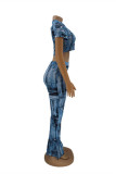 Deep Blue Fashion Casual Print Basic O Neck Short Sleeve Two Pieces