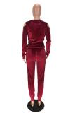 Maroon Polyester adult Casual Fashion Solid Two Piece Suits Patchwork diamonds pencil Long Sleeve Two-piec