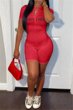 Red Fashion Casual Letter Embroidered Short Sleeve Skinny Romper