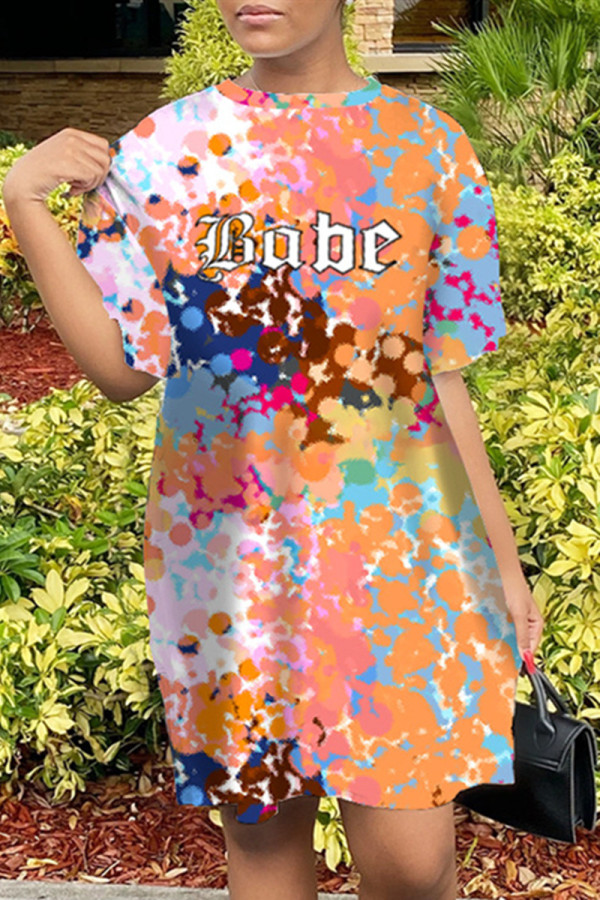 Multicolor Fashion Casual Letter Print Basic O Neck Short Sleeve Dress