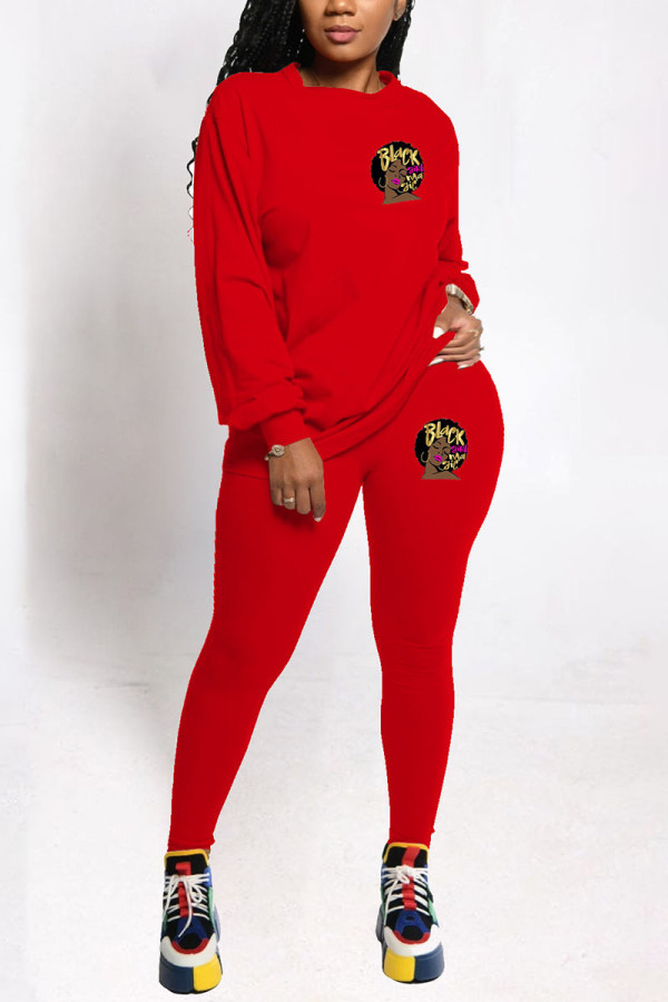 Red Street Print O Neck Long Sleeve Two Pieces