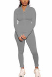 Blue Fashion Sportswear Adult Polyester Solid Split Joint O Neck Long Sleeve Regular Sleeve Regular Two Pieces