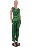 Green Fashion Casual Striped Print Basic V Neck Sleeveless Two Pieces