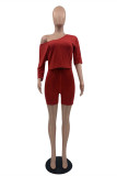 Red Fashion Casual Solid Basic V Neck Half Sleeve Two Pieces
