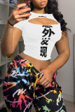 White Fashion Sexy Print Hollowed Out O Neck T-Shirts