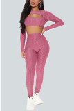 Pink Sexy Solid Hollowed Out O Neck Long Sleeve Two Pieces