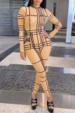 Gold Sexy Letter Plaid Print Zipper O Neck Regular Jumpsuits