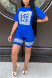 Blue Fashion Casual Short Sleeve O Neck Regular Sleeve Regular Print Two Pieces