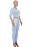 Light Blue Fashion Casual Patchwork Asymmetrical O Neck Short Sleeve Two Pieces