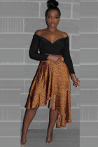 Gold Polyester Elastic Fly Mid Asymmetrical Print Leopard A-line skirt Skirts