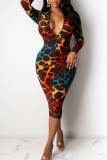 Colour Sexy Print Fold V Neck Wrapped Skirt Dresses