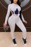 Grey Fashion Casual Patchwork Patchwork Strap Design O Neck Long Sleeve Two Pieces