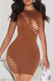 Camel Fashion Sexy Solid Hollowed Out O Neck Short Sleeve Dress