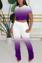 purple Polyester Fashion Sexy adult Ma'am Solid Gradient Two Piece Suits pencil Short Sleeve Two Pieces