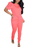 Light Pink Polyester Fashion Casual adult Ma'am Solid Two Piece Suits pencil Short Sleeve Two Pieces