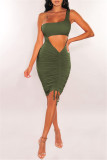Blue Fashion Sexy Solid Hollowed Out One Shoulder Sleeveless Dress