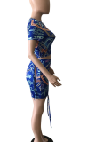 Blue Casual Print Draw String Turtleneck Short Sleeve Two Pieces
