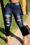 Baby Blue Casual Patchwork Ripped Plus Size Jeans