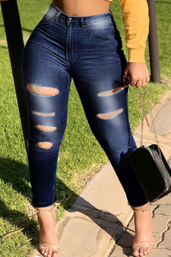 Dark Blue Casual Patchwork Ripped Plus Size Jeans