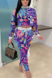 Blue venetian Fashion Casual adult Ma'am Patchwork Print Two Piece Suits pencil Long Sleeve Two Pieces