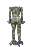 Yellow Sexy Print See-through Bateau Neck Skinny Jumpsuits